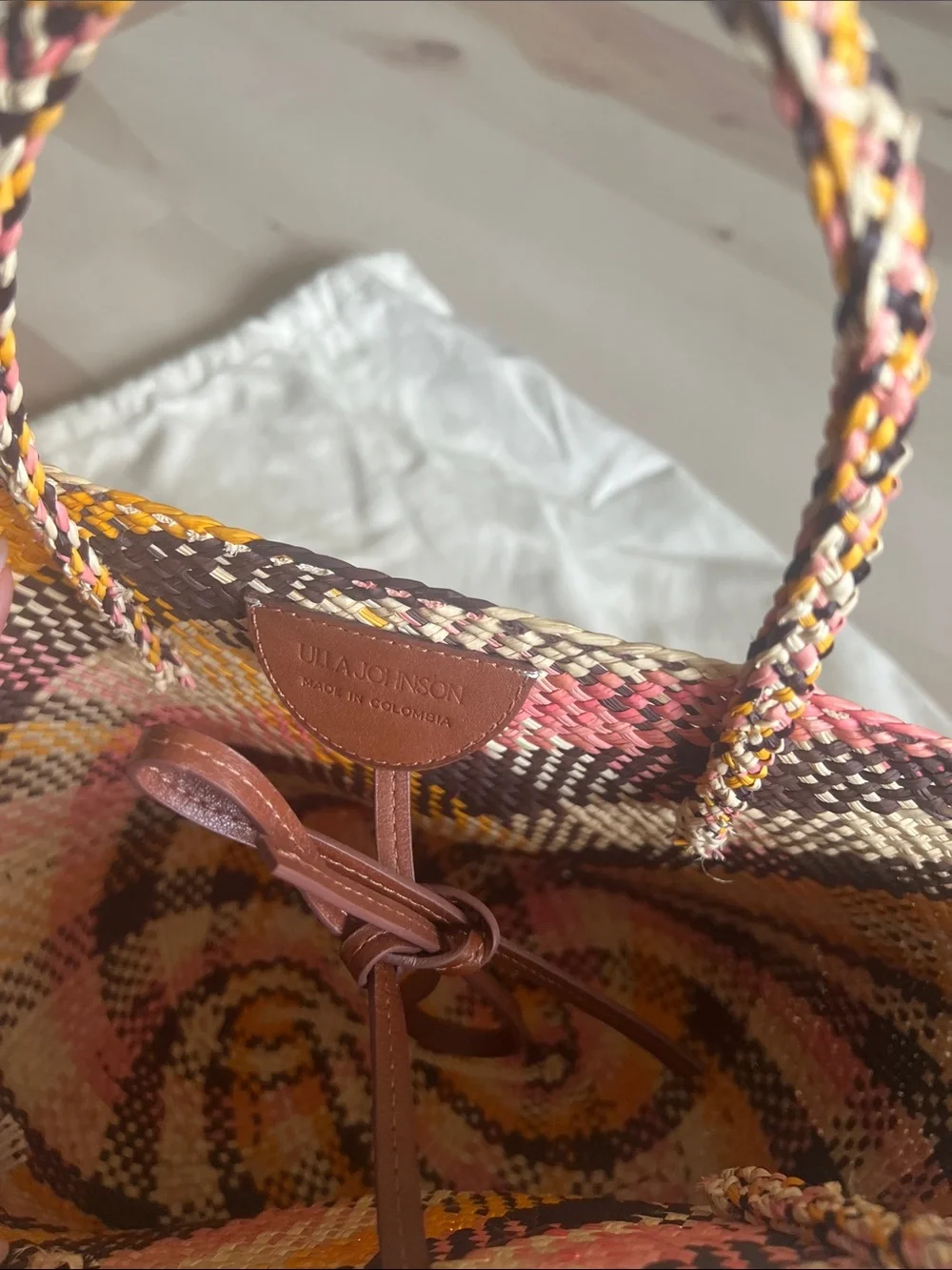 Ulla Johnson Pink, Yellow and Brown Woven Straw Tote